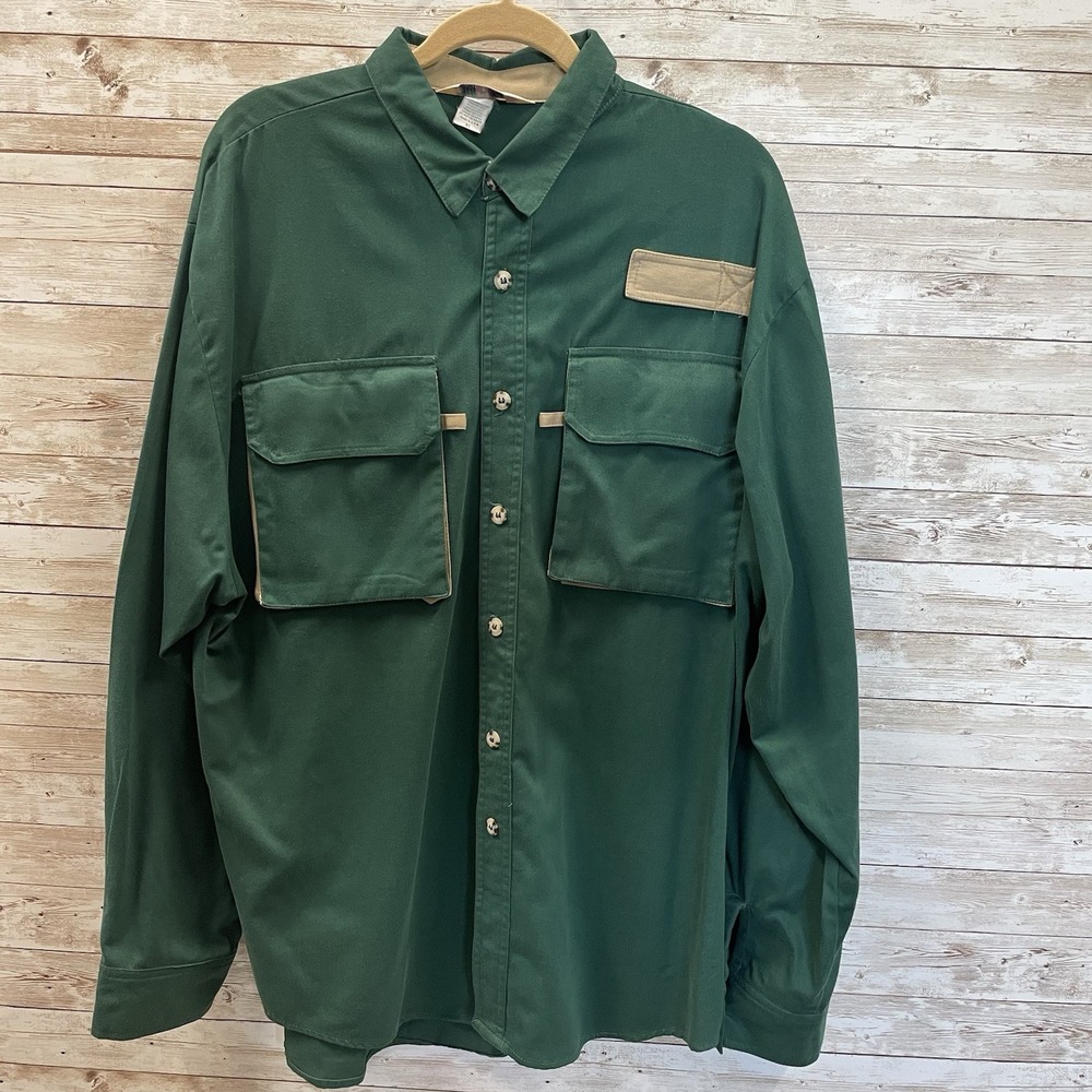 VTG High Rise Mens XL Shirt Sportline USA Long Sleeve Fishing Green 100% Cotton‎